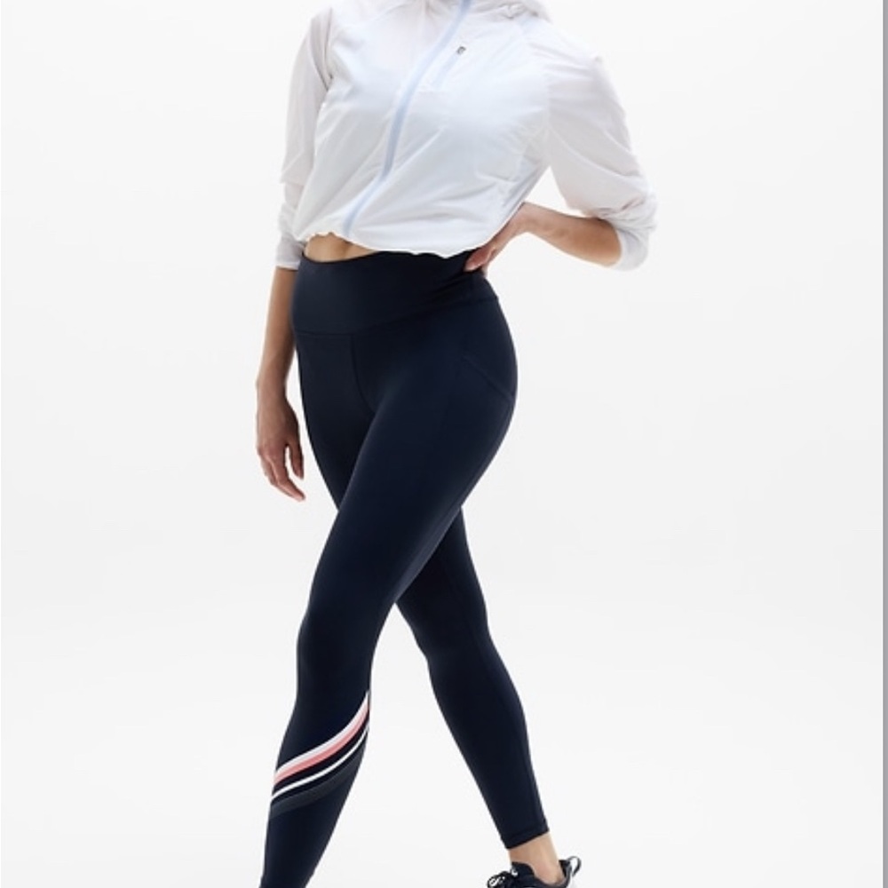 Athleta Interval Stash 7/8 Navy Leggings with Striped Accent